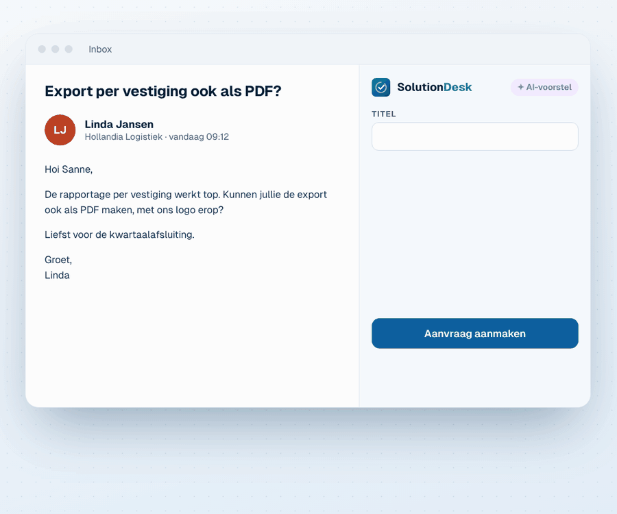 Een Gmail-mail wordt met AI een aanvraag in SolutionDesk
